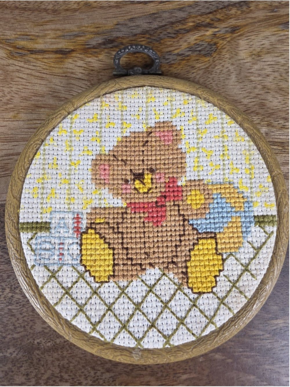 Vintage Teddy Bear Rocking Horse Cross Stitch Hoop Nursery Wall Art 4.5 ABC